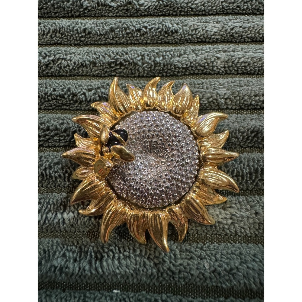 Liz Claibourne Gold Sunflower Brooch Pin with Bee Rhinestone Center
